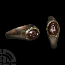 Byzantine Bronze Ring with 'Globus Cruciger' Gemstone