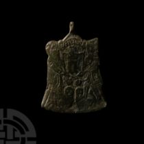 Large Medieval Bronze Heraldic Horse Harness Pendant with Figures Holding a Shield with Crested 'N'