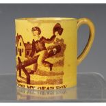 A rare child's pottery yellow ground diminutive mug, circa 1800, printed in brown with two boys