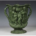 A Minton relief moulded two-handled Silenus vase in dark green, mid-19th century, unmarked, height