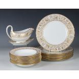 A Wedgwood Gold Florentine pattern part service, comprising ten dinner plates, diameter 27.3cm, nine