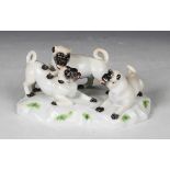 A Meissen porcelain pug dog group, 20th century, the naturalistic base surmounted by three playful