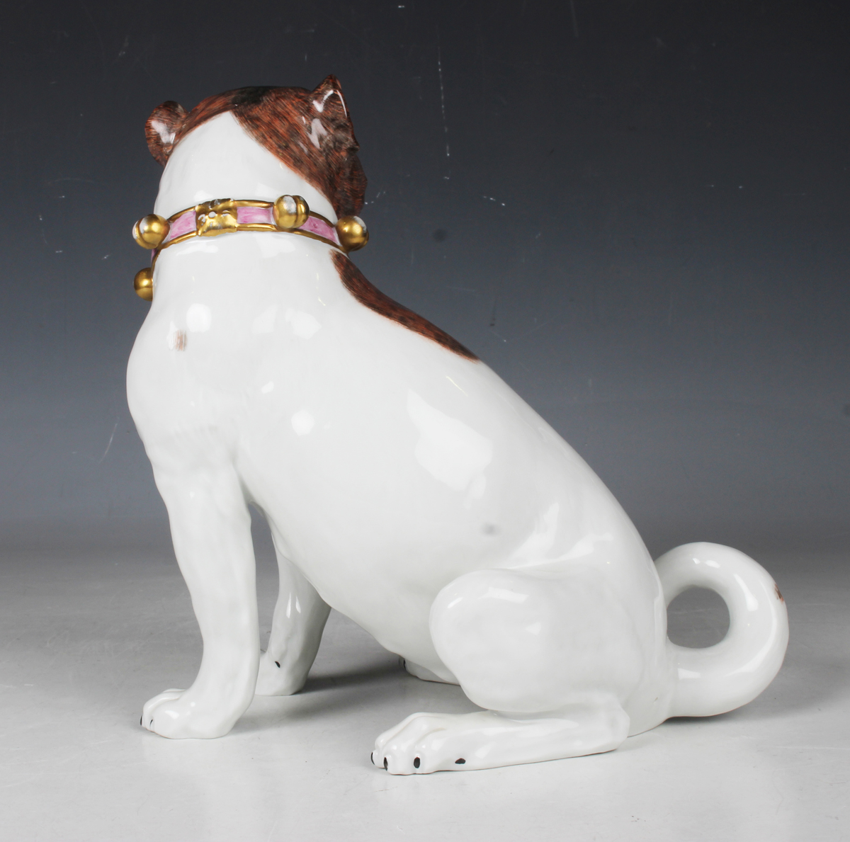 A Dresden porcelain Meissen style model of a pug, 20th century, typically modelled seated and - Image 4 of 4