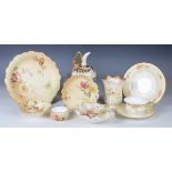 Five pieces of Royal Worcester blush ivory porcelain, decorated with flowers, late 19th/early 20th
