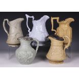 Thirteen assorted relief moulded stoneware jugs, 19th century, in varying colours, including a