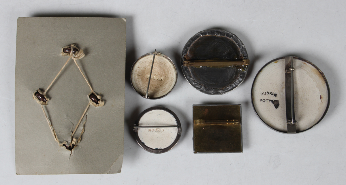 A set of four Ruskin marquise shaped pottery buttons on their original card, with mottled dark - Image 2 of 2