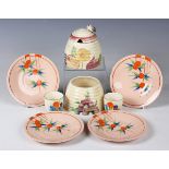 A small group of Clarice Cliff pattern wares, 1930s/1940s, comprising four Damask Rose Fruit