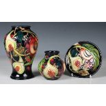 Three pieces of Queen's Choice pattern Moorcroft, designed by Emma Bossons, comprising a vase,