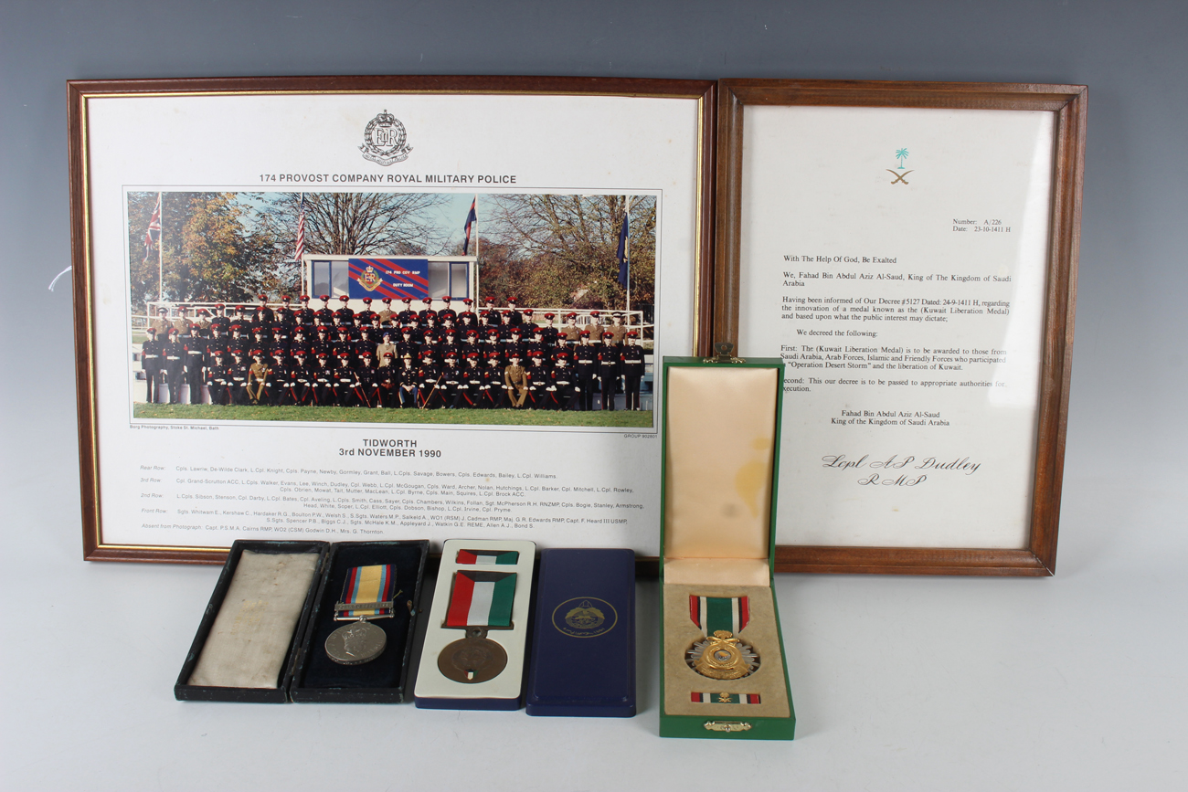 A Gulf War Medal 1990-91 to '24818747 L Cpl A P Dudley RMP' (minor file mark to rim after naming), a