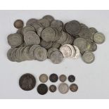 A collection of pre-1947 British silver coinage, including crowns, half-crowns, shillings and