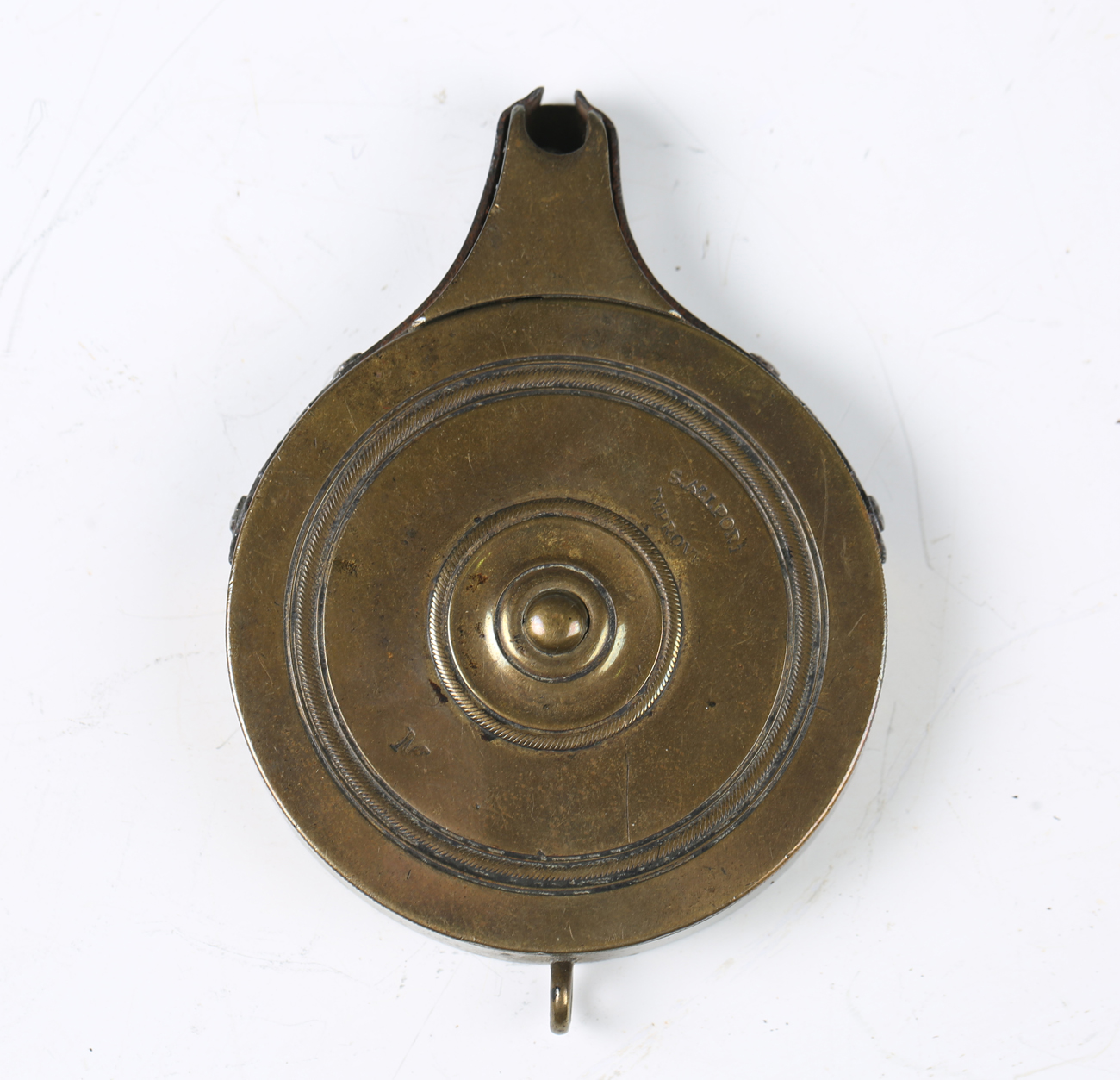 A 19th century steel mounted brass cap dispenser by S. Allport, detailed 'Improved', of circular