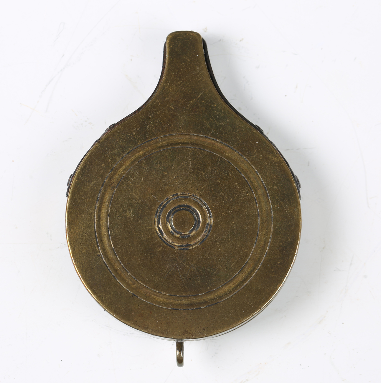 A 19th century steel mounted brass cap dispenser by S. Allport, detailed 'Improved', of circular - Image 6 of 6
