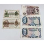 A collection of British banknotes, including a one pound note, N.K. Warren Fisher Chief Cashier,
