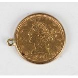 A USA gold five dollars 1901, later set with a cushion pendant mount with ring suspension.Buyer’s