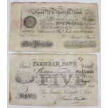 A Surrey Provincial Farnham Bank five pounds note, dated '1st Oct 1883', issued for James Knight &