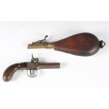 A 19th century percussion pistol with octagonal barrel, barrel length 6cm, and one-piece wood