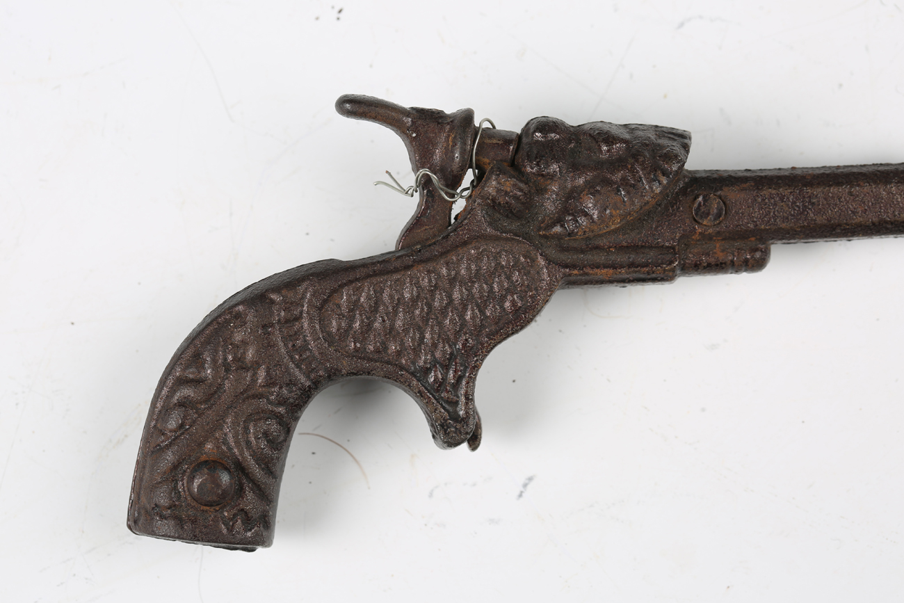 Two late 19th/early 20th century cast metal toy cap guns, one detailed 'Lion', length 13cm, the - Image 13 of 14