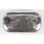 A 19th century Russian silver and niello curved rectangular cigarette case, 84 zolotnik, the front