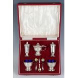 An Elizabeth II silver five-piece condiment set, comprising mustard, two salts and two pepper
