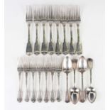 A George IV part canteen of silver Fiddle & Thread pattern cutlery, comprising eight table forks,