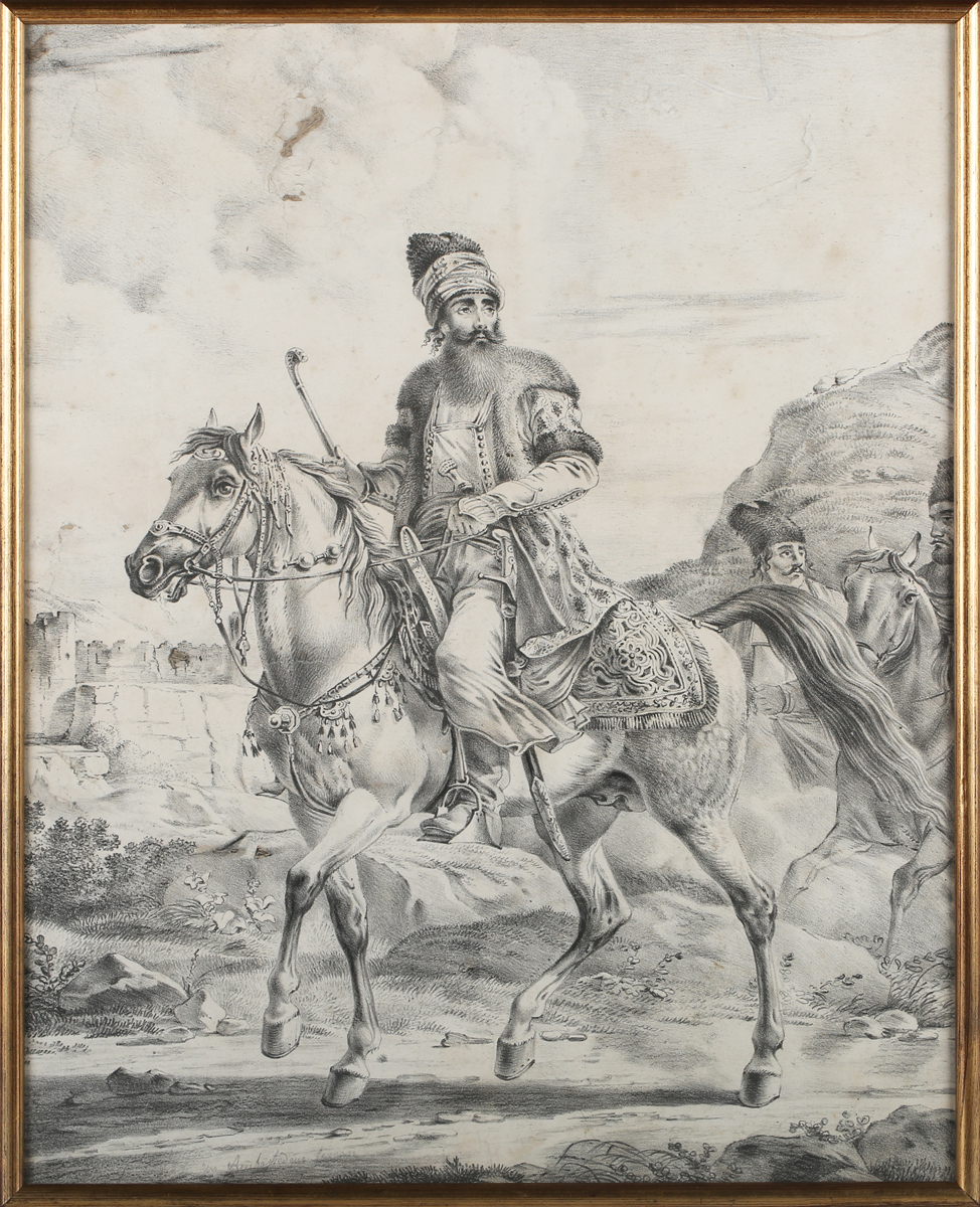 After Alexander Ossipovich Orlovsky - Persian on Horseback, 19th century stone lithograph, 46.5cm