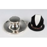 A George V silver capstan inkwell with hinged lid and glass liner, Birmingham 1922, diameter 15.2cm,