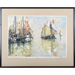 Hans Figura - Sailing Vessels on a Venetian Lagoon, early 20th century etching on silk, signed in