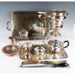 A group of plated items, including a Sheffield plate tea caddy, a model of a snipe, a vase of