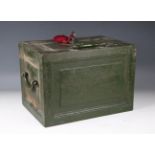 A Victorian cast iron strongbox with hinged door and key, width 41cm, depth 28.5cm.Buyer’s Premium