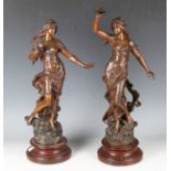 After Auguste Moreau - a pair of late 19th century French patinated spelter figures, titled 'Les