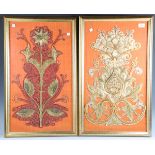 Two 19th century silkwork and gilt thread vestment fragment panels, both finely worked with