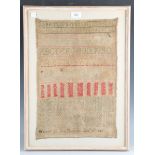 A George IV needlework sampler by Anna Moorhead, dated Aug 16th 1820, worked with bands of letters