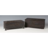 An early 19th century Anglo-Indian carved ebony box, the hinged cover and sides profusely