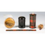 A small group of treen items, comprising a late 19th century 'Caledonia' Tartan ware 'Go to bed'