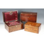 A late Victorian rosewood and mother-of-pearl inlaid workbox, width 28cm, a George III mahogany