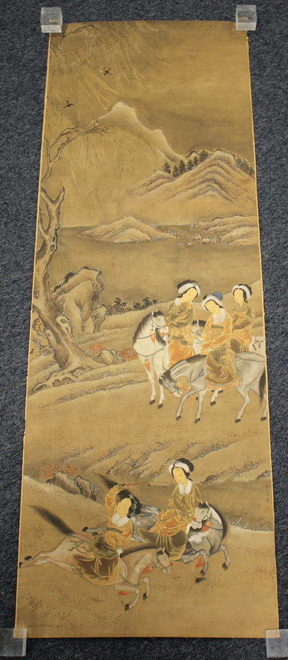 A Chinese watercolour painting on silk, 20th century, depicting figures on horseback in a winter - Image 39 of 49