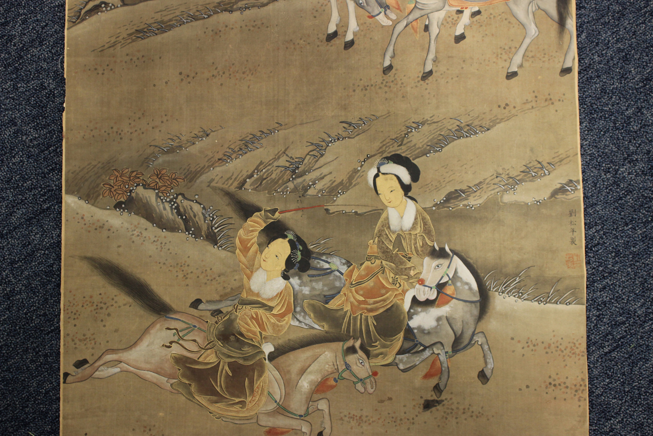 A Chinese watercolour painting on silk, 20th century, depicting figures on horseback in a winter - Image 10 of 49