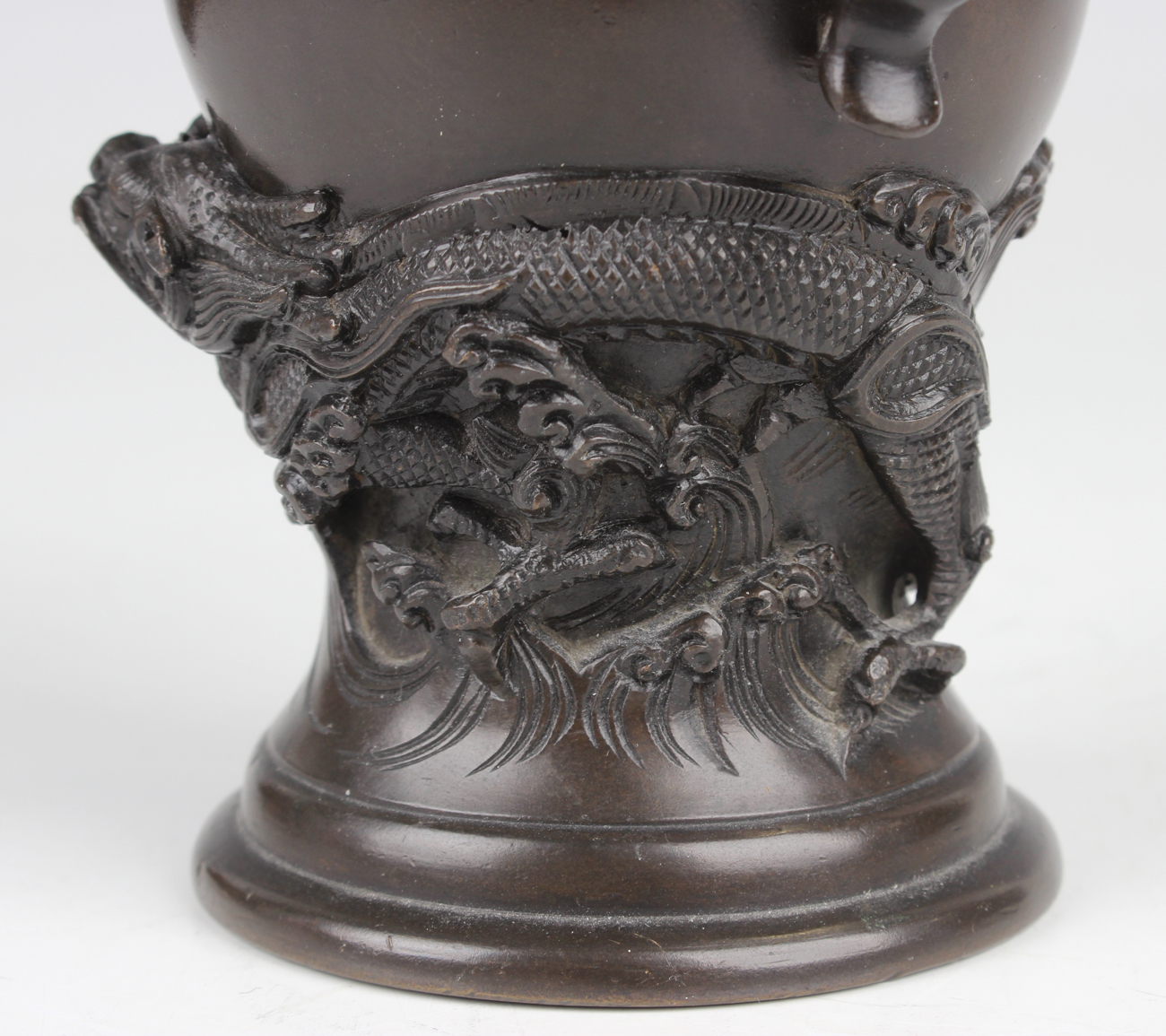 A Japanese brown patinated bronze vase, Meiji period, of baluster form, cast in relief with a - Image 22 of 27