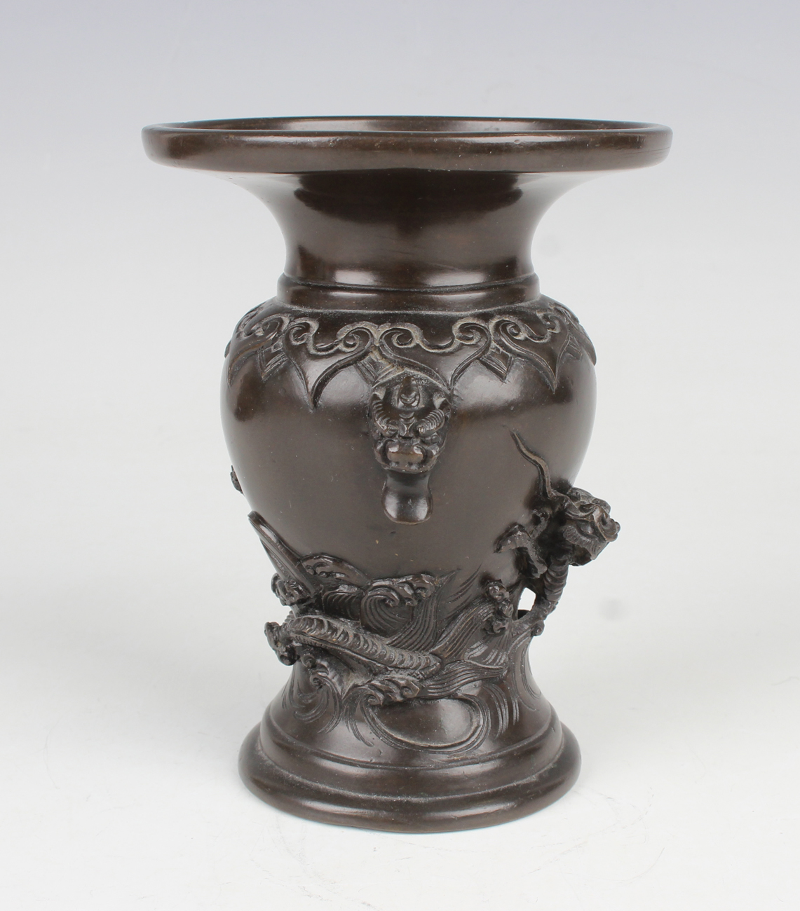 A Japanese brown patinated bronze vase, Meiji period, of baluster form, cast in relief with a - Image 24 of 27