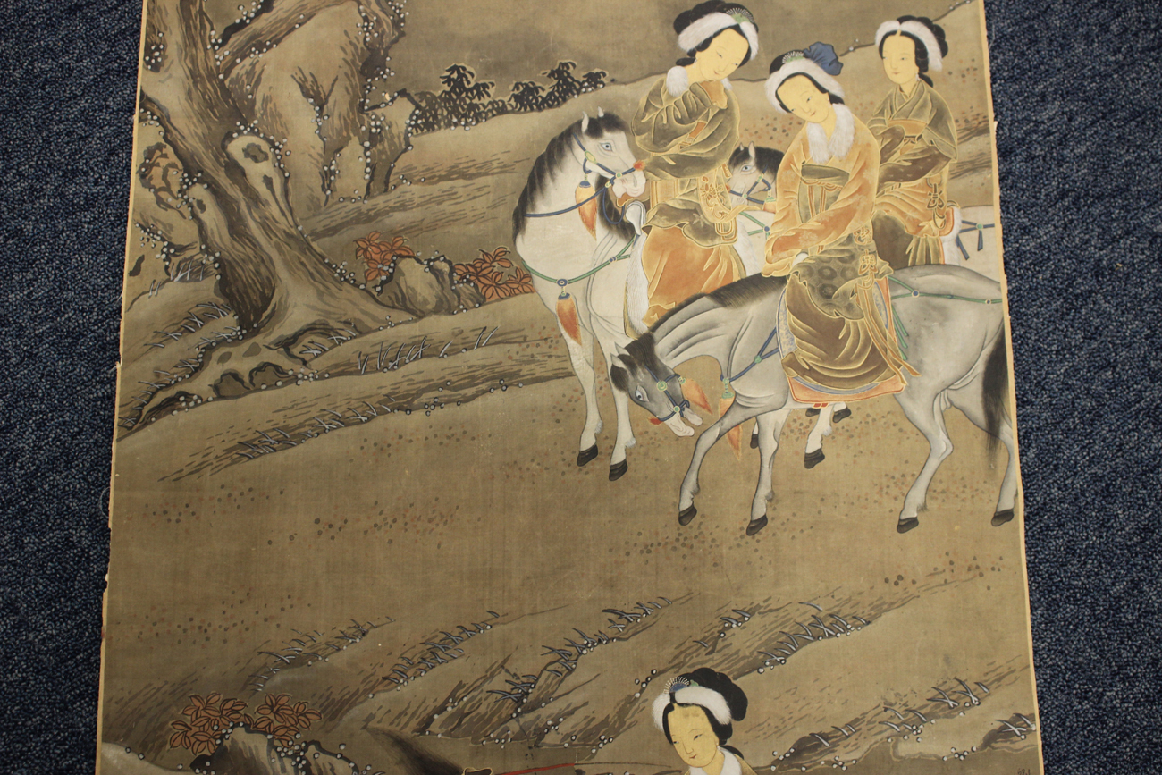 A Chinese watercolour painting on silk, 20th century, depicting figures on horseback in a winter - Image 11 of 49