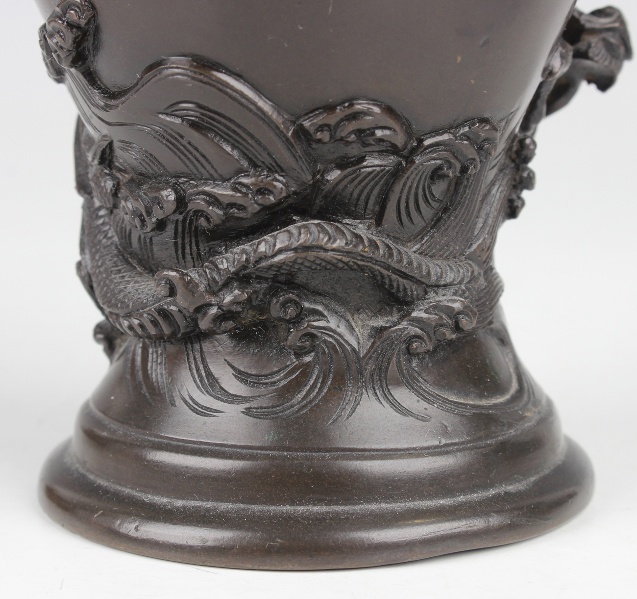 A Japanese brown patinated bronze vase, Meiji period, of baluster form, cast in relief with a - Image 21 of 27