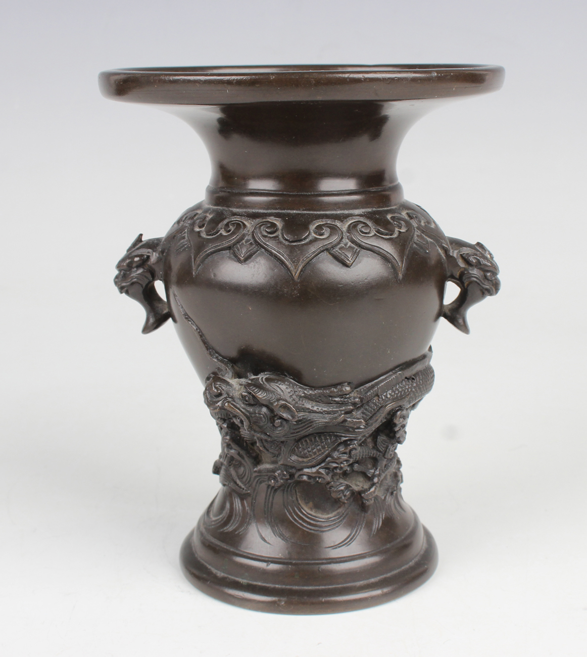A Japanese brown patinated bronze vase, Meiji period, of baluster form, cast in relief with a - Image 27 of 27