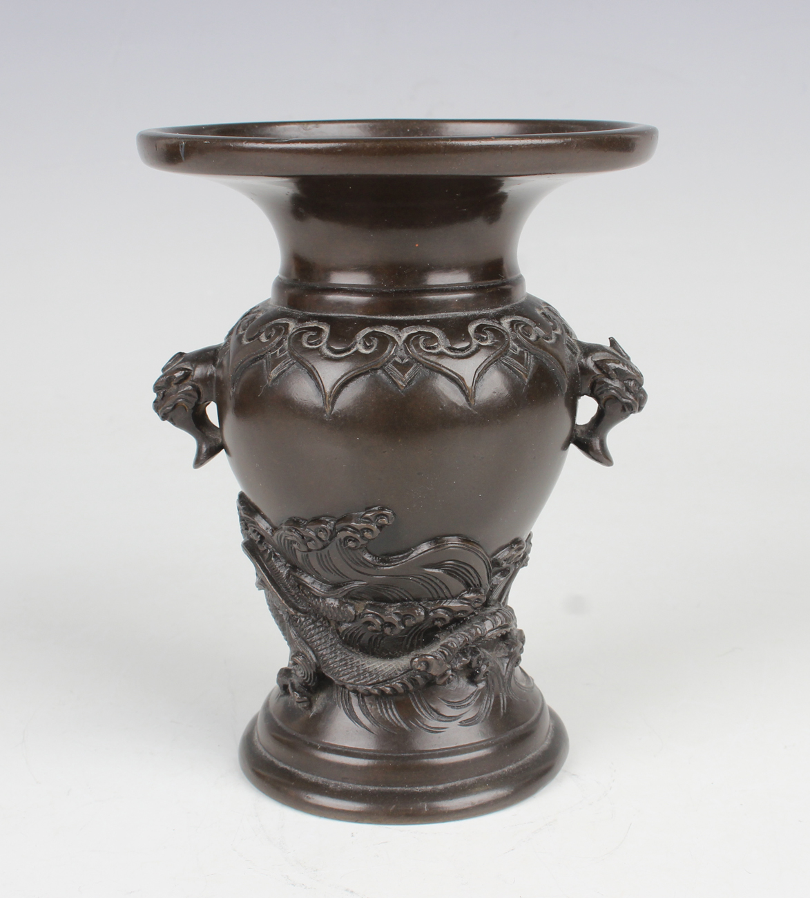 A Japanese brown patinated bronze vase, Meiji period, of baluster form, cast in relief with a - Image 25 of 27