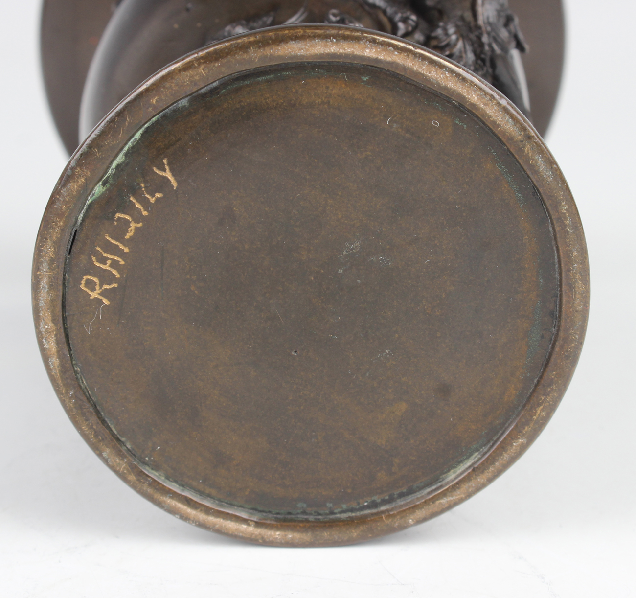 A Japanese brown patinated bronze vase, Meiji period, of baluster form, cast in relief with a - Image 19 of 27