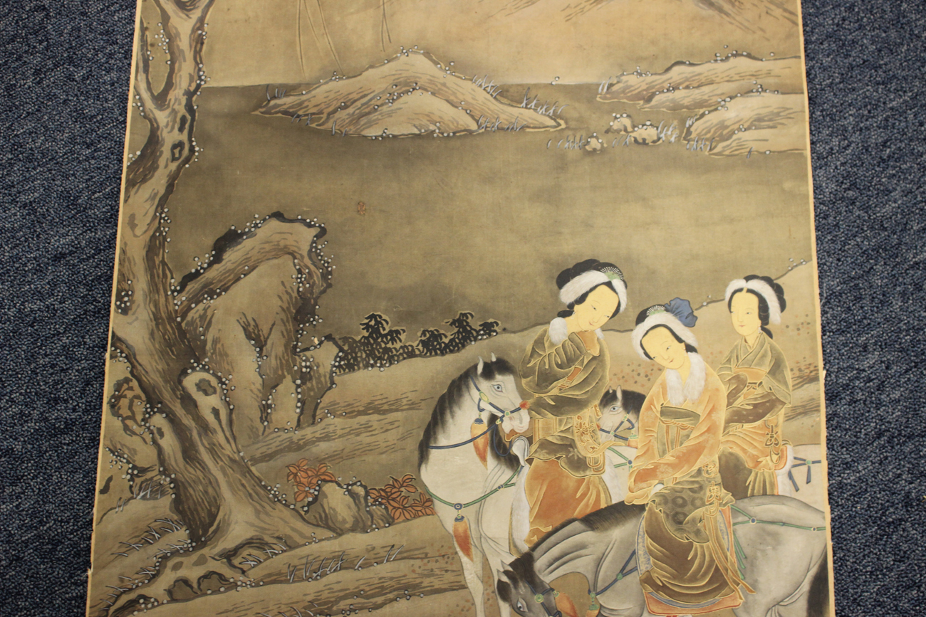 A Chinese watercolour painting on silk, 20th century, depicting figures on horseback in a winter - Image 12 of 49