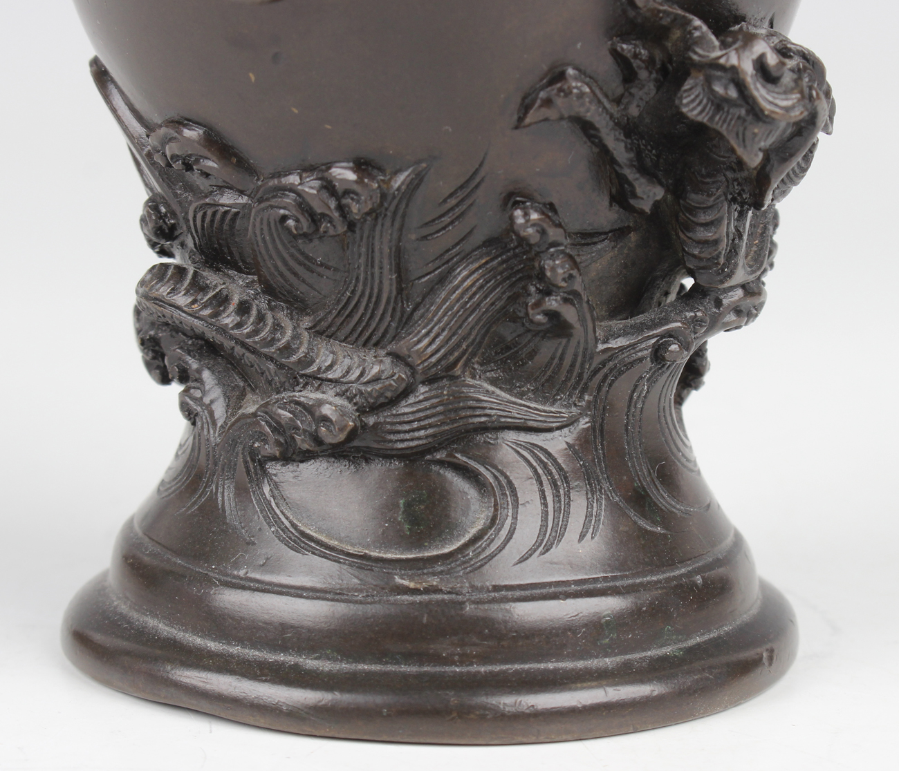 A Japanese brown patinated bronze vase, Meiji period, of baluster form, cast in relief with a - Image 20 of 27