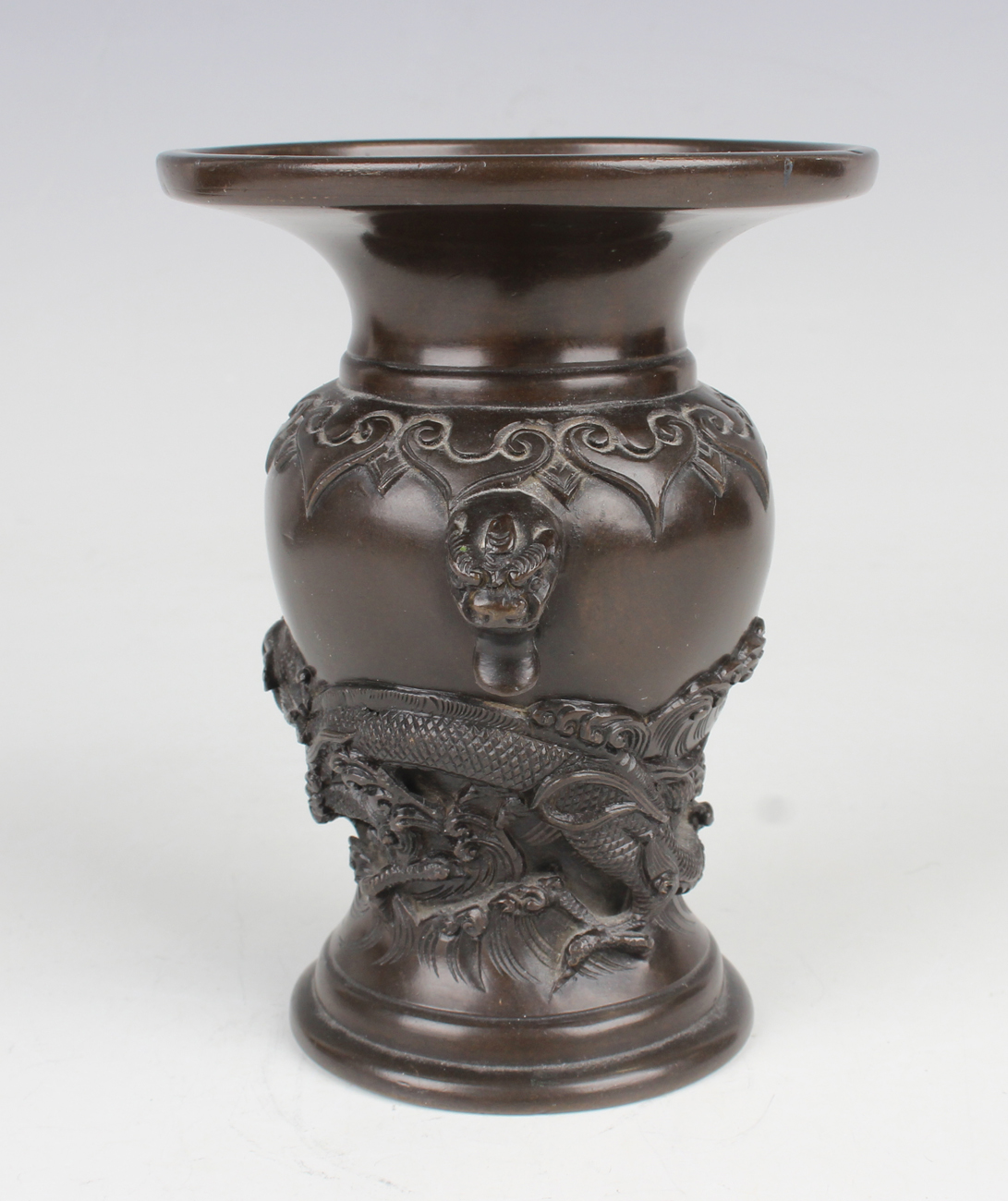 A Japanese brown patinated bronze vase, Meiji period, of baluster form, cast in relief with a - Image 26 of 27