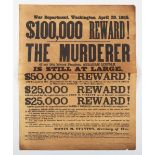 POSTER. A facsimile of a wanted poster for the murder of US president Abraham Lincoln in 1865,