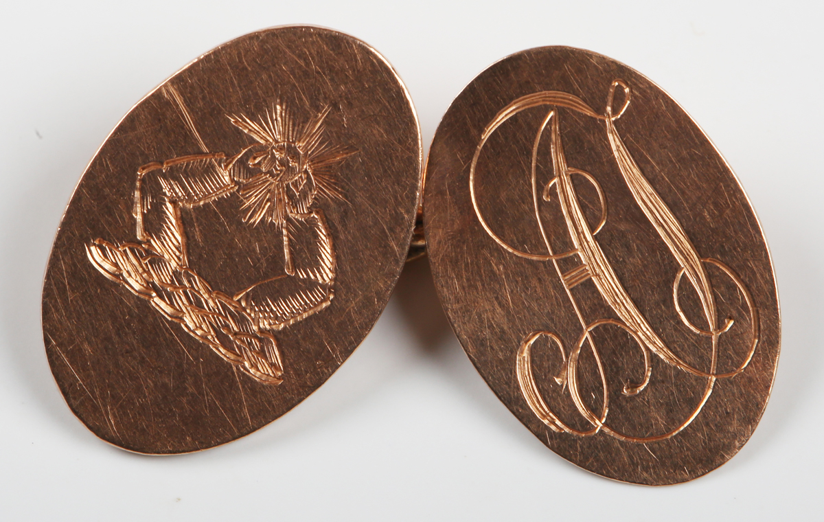 ROYALTY. A pair of 9ct gold oval cufflinks engraved with an unidentified armorial and initials, - Image 6 of 8