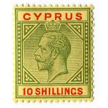 A Cyprus 1923 10sh stamp, fine mint (SG 100).Buyer’s Premium 29.4% (including VAT @ 20%) of the